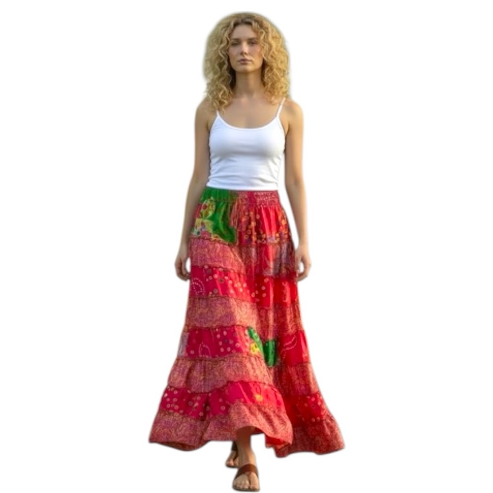 Bohemian Red Floral Maxi Skirt Silk Blend O/S  Colorful Layered Indian Cottage